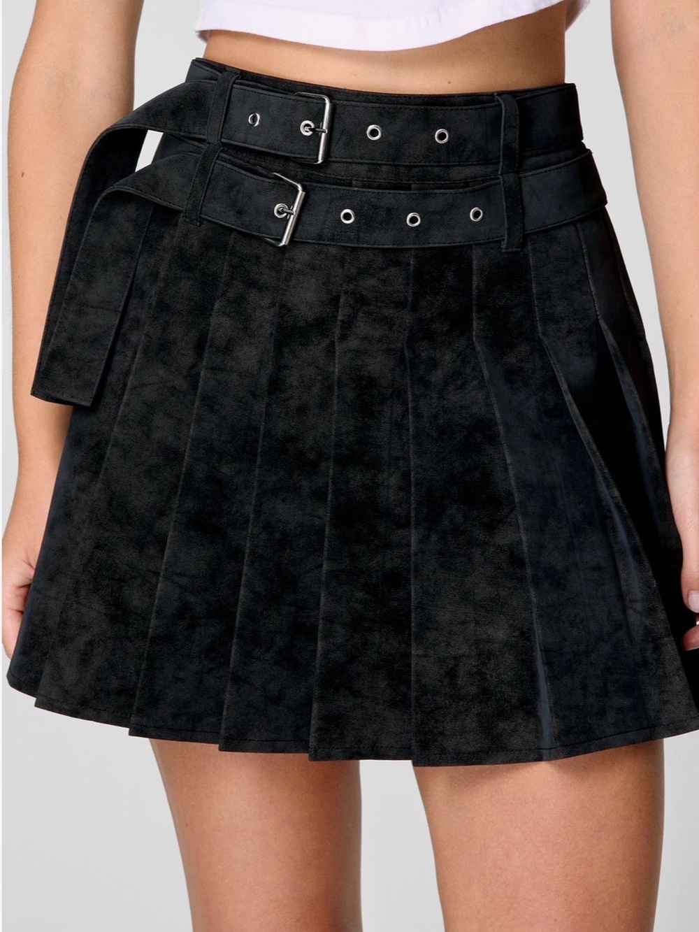 Nasty Gal Belted Pleated Faux Suede Skater Skirt with Double Buckle Waist
